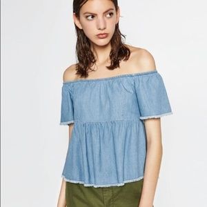 Zara Basic Denim Off the Shoulder Top XS